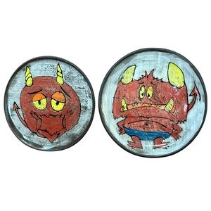 Handmade Pottery Little Monsters Mood Plates Set of 2 Original Art Decor
